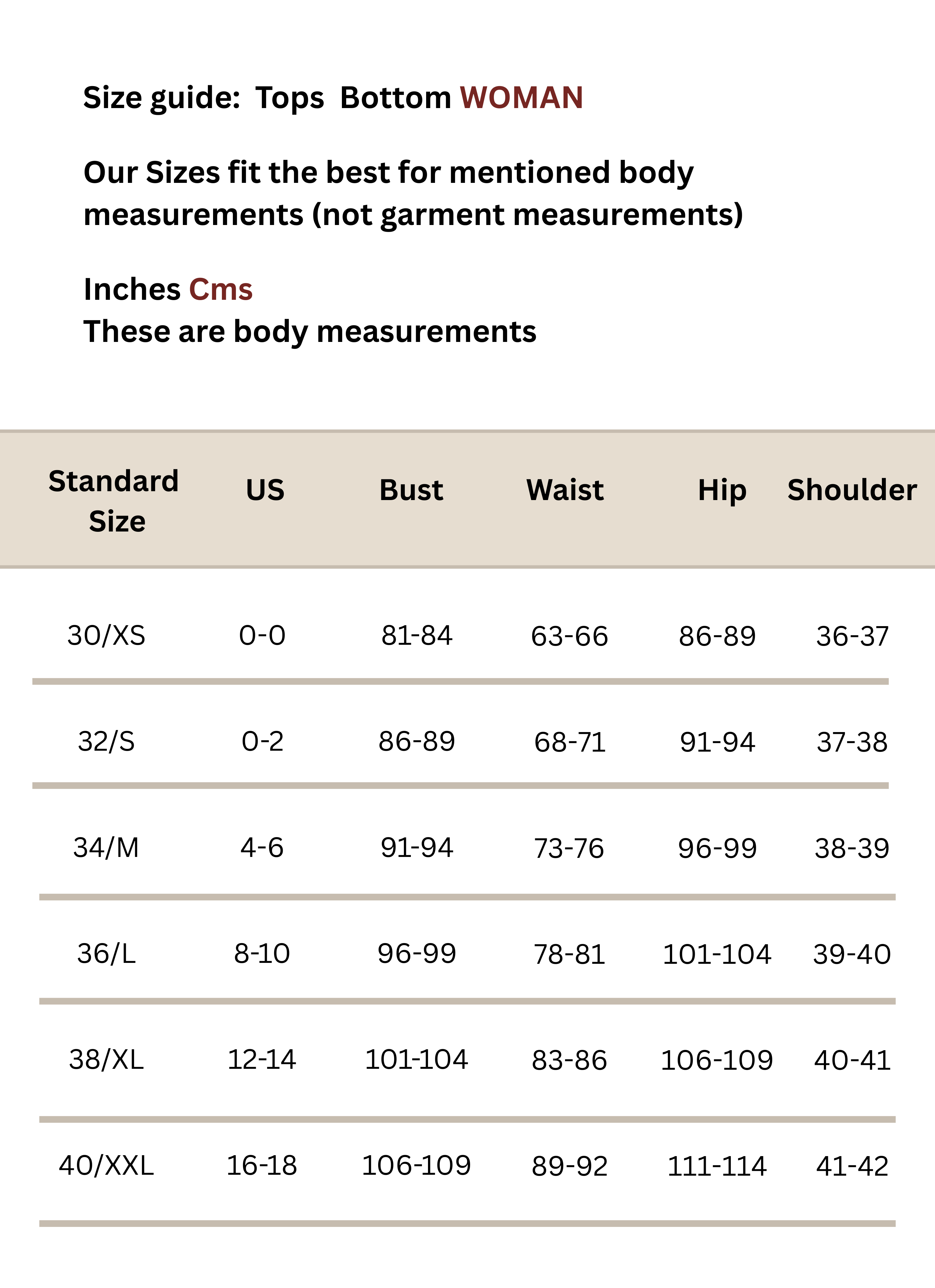 Women CMS Size Guide