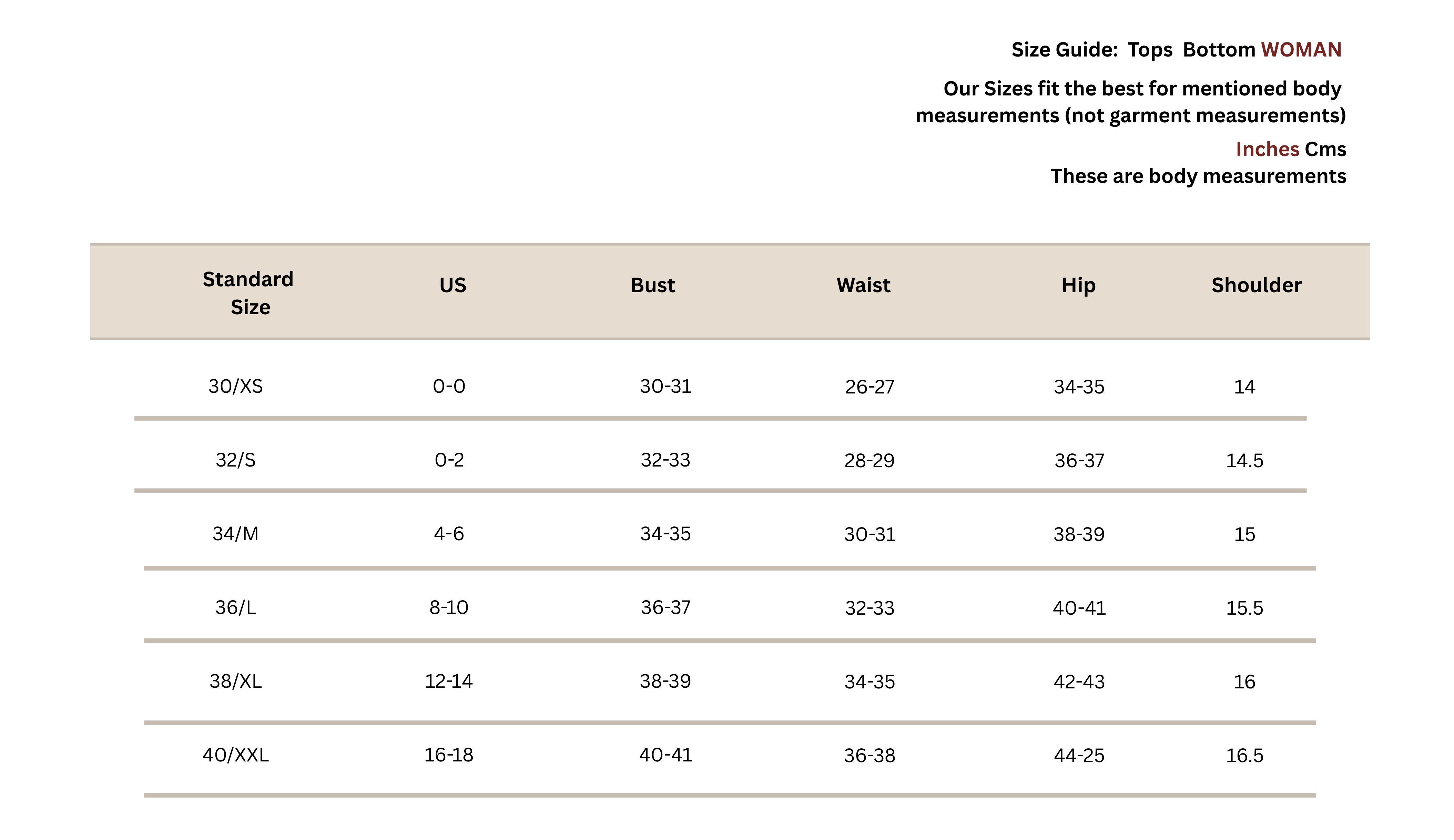 Women Inches Size Guide