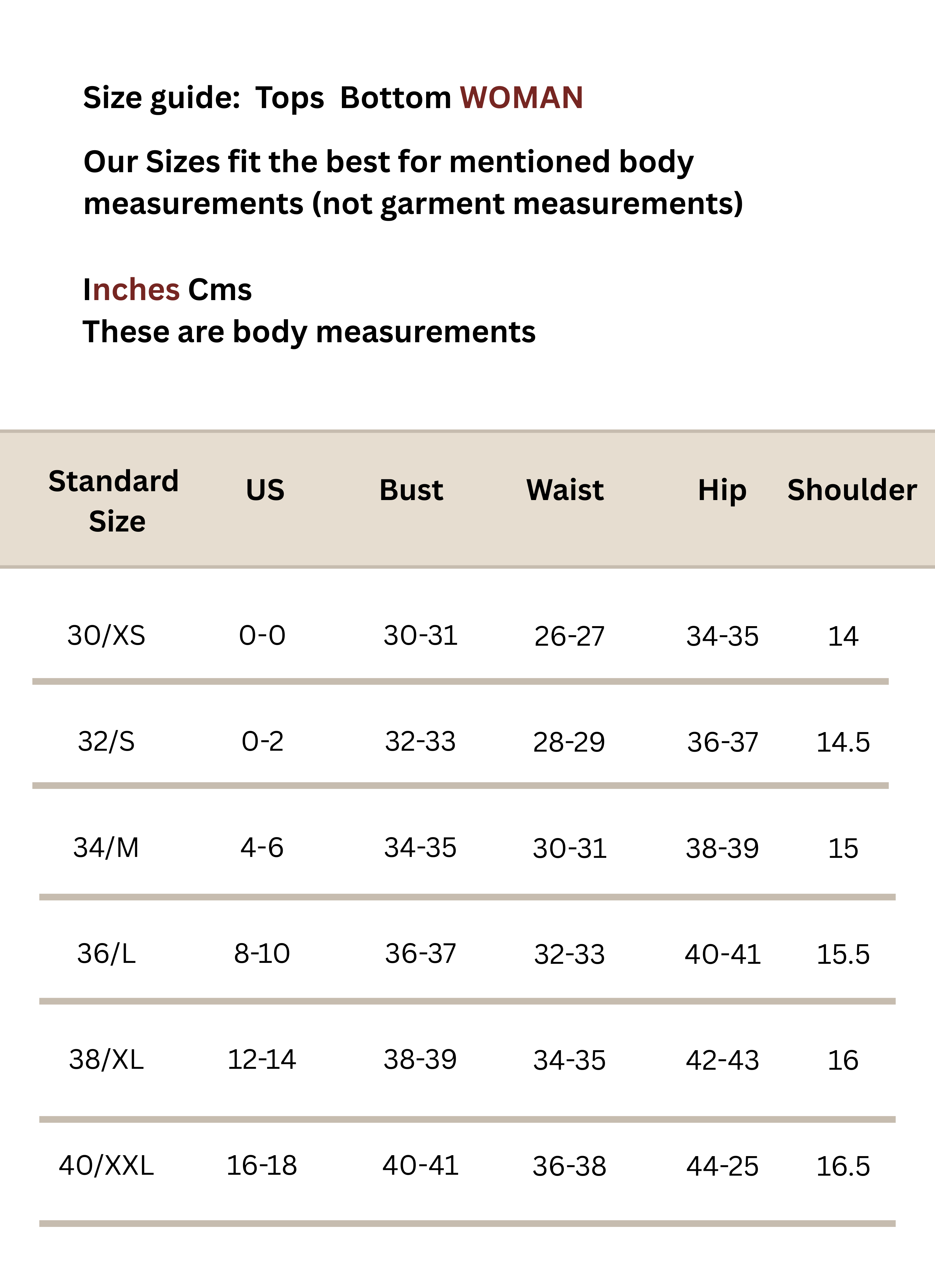 Women Inches Size Guide